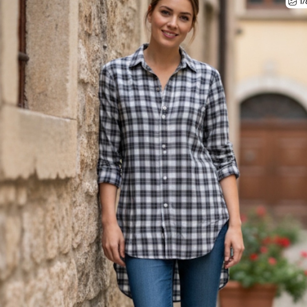 Frank and Eileen Grayson Black Plaid Lightweight Tunic High Low Top XS